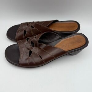 Clarks Leather Slide‎ Sandals Brown Strappy Comfort Heel Womens Size 8.5M